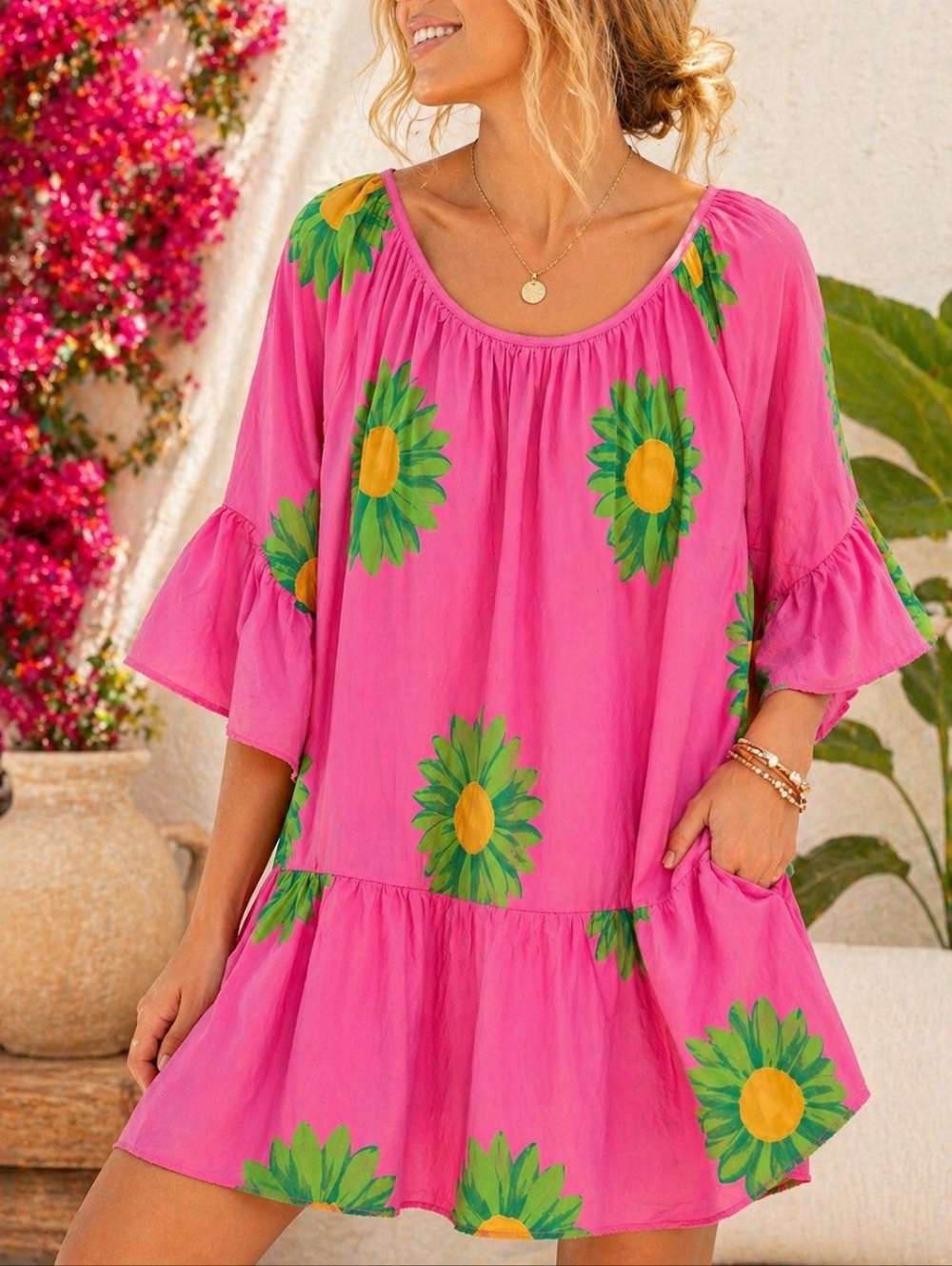 Angela Mara Pink Floral Boho Dress Italy Cotton Babydoll Tiered Resort S